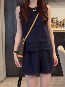 Shalldoer | Unique Beautiful Summer Lace Hollow Out Sleeveless Vest And Shorts Two Piece Set For Women Elegant Floral Trim Top Bottoms