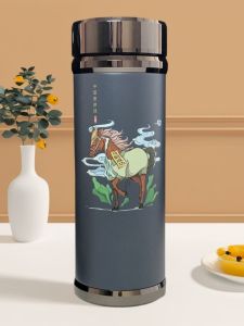 Pure Ceramic Insulated Tea Cup for Brewing Tea And Storing Medicine Horse And Tiger Zodiac Gift Cup with Ceramic Inner Vessel