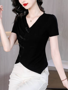 Fitted Short T-shirt Asymmetrical Pure Cotton Womens Wear Short Sleeve Summer New Small Shirt Retro Buckle Light National Style Tops