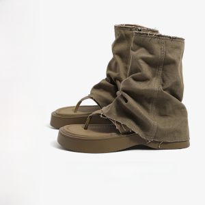 Giày Bốt Đế Dày Thoáng Khí Phong Cách Cổ Điển Mùa Hè Cho Nữ Giày Bốt Đế Bằng Đế Cao Su Thường Ngày Giày Bốt Da Bò