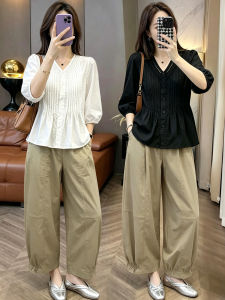 TIANQIANHUI | Bộ Áo Thun V-neck và Quần Hoa Hàn Quốc