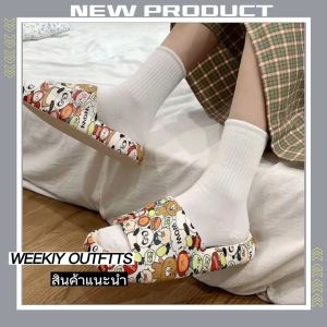 Lishops [ใหม่] รองเท้าแตะแฟชั่นสวมพิมพ์ลวดลาย เต็มคู่ สีสันฉูดฉาดน่ารัดสดใส เพื่อนซิลิโคนพื้นหนา รองเท้าที่ไม่หนัก แบบสวม ประกอบด้วย สบายตลอดวัน