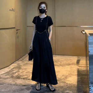 Mùa Hè 2024 Thời Trang Chống Lão Hóa Thoải Mái Quần Yếm Bộ Nữ Cổ Tròn Tay Ngắn Áo Chui Đầu Bộ Hai Mảnh Áo Thun Ống Rộng Quần