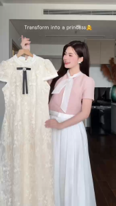 QC_Váy đầm công sở thiết kế đầm đi tiệc tay ngắn Ren phối cườm cổ nơ kèm lót lụa dáng dài