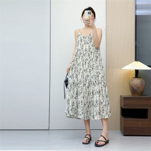 Summer Floral Print Sleeveless Womens Dress Commute High Waist Midi Skirt A-Line Silhouette Casual Polyester Fabric Gown