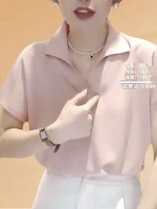 Ladies Short Sleeve T-Shirt Summer New Large Size Turn-down Collar Solid Color Fashionable Versatile Slimming Ice Silk Knitted Top