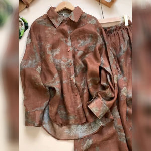 DANTING | Retro Coffee Pattern Shirt and Pants Suit Female Autumn Fashion