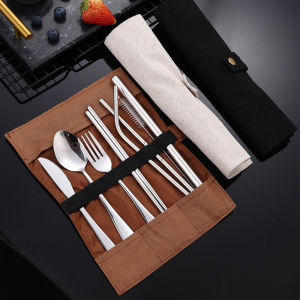 Outdoor Tableware Stainless Steel Tableware Knife Fork and Spoon 7 Pieces Suit Stainless Steel Straw Portable Chopsticks Spoon Kit Suit