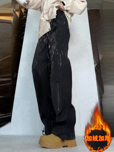 กางเกงกีฬาฤดูหนาวแบบมีซิปและมีซับในขนแกะแบบกันน้ำสำหรับผู้ชาย กางเกงขายาวทรงตรงสำหรับใส่ทำงานกลางแจ้ง กางเกงขายาวสำหรับเล่นสเก็ตบอร์ด