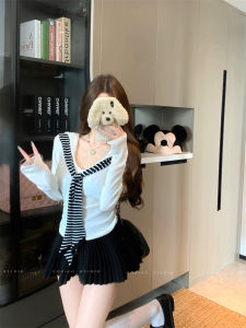 Striped Shoulder Wrap Long Sleeve Knitted Sweater Womens Slim Fit Pastic Design Korean Style Base Top for Autumn