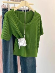 Áo Thun Dệt Kim Cổ Chữ U Màu Xanh Lá Cây Tay Ngắn Mùa Hè Mỏng Cỡ Lớn Độc Đáo Thon Gọn Bằng Lụa Băng Không Tay Áo Thun Nữ