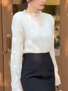 QINGNAER | French Luxury White Long Sleeve Blouse