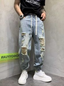 Summer Mens Jeans Pants Harlan Loose Fit Light Blue Denim Patchwork Torn Hole Youth Trendy Straight Leg Casual Trousers
