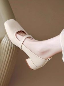 Elegant Soft Bottom mid Heel Womens Shoes Spring Autumn Mary Jane Fashionable French Thick Heel Casual Style Synthetic Leather Inner