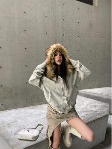 Retro American Washed Faux Fur Hoodie Zipper Design Autumn Winter Jacket for plus Size Women Casual Comfortable Outerwear