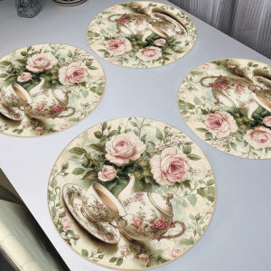 VIKAMA 4PC Retro Rose Countryside Style Meal Mat Powder Rose Bush Tea Cup Dining Table Restaurant Decoration Warm and Romantic