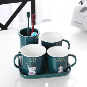 Family Dental Care Ceramic Toothbrush Cup Set Combination Four Members Brush Teeth Together Creative Handle Design Multi-Purpose