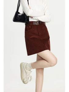 Ankela Red Corduroy Skirt Womens Casual Skirt Fall and Winter 2024 High Waist Slimming Dress A- line Wrapped Skirt Skirt