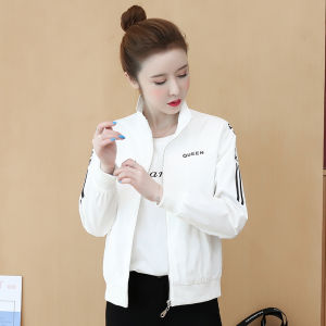 Womens Short Baseball Jacket Spring Autumn Outerwear Slim Fit Print Zipper Pocket Ribbed Cuff Long Sleeve Stand Collar Coat