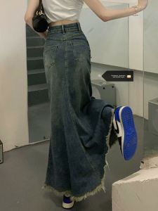 Retro Tassel Mid-Length Denim Skirt Womens Autumn Winter New Fish Tail Half-length A-Line Slimming Bodycon Skirt