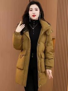 Fashionable Winter Cotton Coat for Women Mid-Length Wide Loose Slimming Feathered Cotton Ensemble High-End Thickened Insulated Sleeve-Length Work Clothing With Hood