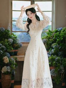 French Style Early Autumn White Lace Dress Womens High-End Sensation Ladylike Fairy Tale Gown Long Dress Casual Bridesmaid