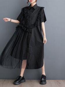Label Cutting Brand Counter Withdraw Genuine Womens Clothing Loose Dark Stylish Mesh Patchwork Irregular Shirt Dress