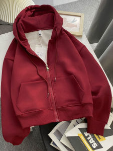 เสื้อสเวตเตอร์ฮู้ดสีแดงเข้มสำหรับผู้หญิง ฤดูใบไม้ผลิและฤดูใบไม้ร่วง เสื้อคลุมคาร์ดิแกนแบบบาง ซิป ทรงหลวม แขนยาว สีพื้น