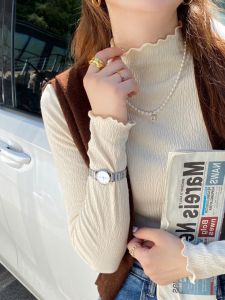 Womens Lace Base Shirt Half High Collar Slim Fit Long Sleeve Inner Wear Korean Style Commute Pure Color T-Shirt Mesh Fleece Top