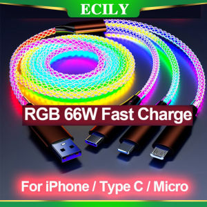 ECILY 66W 6A RGB Lights Fast Charging USB Type C Cable For Xiaomi POCO Samsung Huawei Phone Accessories For i-Phone Car USB Charge Cord