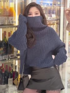 plus Size Womens Blue Loose High Collar Thickened Winter Knitted Sweater Short Style Korean Style Commute Fashion  Shape