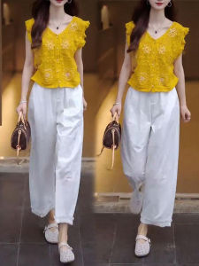 Shalldoer | ชุดสองชิ้นคอวีแขนกุดปักลายดอกไม้สไตล์ฝรั่งเศสสำหรับฤดูร้อน กระโปรงทรงหลวมเอวสูง ชุดทำงานลำลองสำหรับผู้หญิง