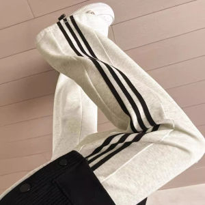 Grey Side Stripe Sports Pants Womens Cuffed Casual Spring Autumn 2024 New Small Size Wide Leg Pants American Style Sweatpants