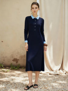 XIYUQI | Korean Light Mature Style V-Neck Long Sleeve Illusion Two Pieces Knit Dress Waist-Slimming