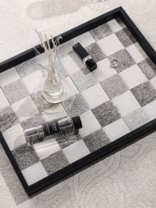 Black And White Chessboard Horse Hair Tray Decorative Item Nordic Style Bathroom Coffee Cup Desktop Storage Plate Creative Trend Wooden Material Home Decor