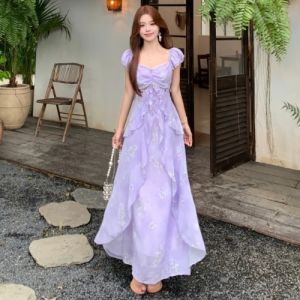 RELNLEX | Đầm Maxi Voan Xếp Ly Phong Cách Pháp
