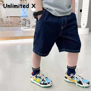 Unlimited X Boys Denim Shorts for Summer Outerwear Japanese Retro Deep Blue Childrens Shorts Thin Five Piece Pants Cool Trendy