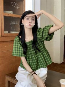 Áo Sơ Mi Nữ Tay Bồng Cổ Vuông Ngắn Mùa Hè Thiết Kế Gấp Xếp Một Vai Nhỏ Dáng Rộng Phong Cách Hàn Quốc Mùa Hè 2024