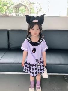 [7086 Bộ Sưu Tập Người ] Váy mùa hè cho bé gái màu tím Kuromi cổ áo hải quân váy hoạt hình dễ thương màu sắc khối váy thường ngày 3.2