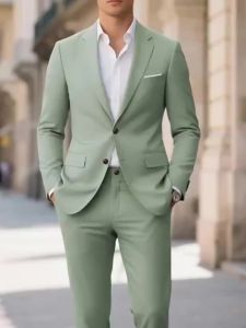 Men Mint Green 2 Piece Regular Fit Suit Single Breasted Blazer Trousers Formal Wedding Business Gentleman Outfit