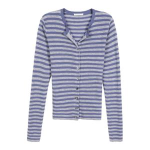Áo Cardigan Knit Cổ V Sọc Đối Chiếu Dài Tay Ngắn Ôm