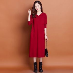 ฤดูใบไม้ร่วง ฤดูหนาว ยาว มีฮู้ด เสื้อสเวตเตอร์แคชเมียร์ ผู้หญิง หลวม ถัก เดรส กระโปรงยาวปานกลาง มียาว แขนเสื้อ เทคโนโลยี Heattech Thermal