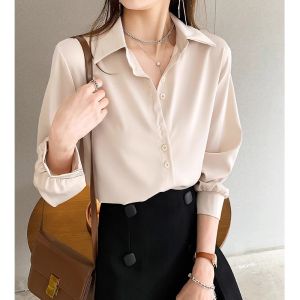 Womens Chiffon Shirt Casual Commute Style Long Sleeve POLO Neck Button Detail Straight Cut White Top Layering Base Spring Summer Autumn