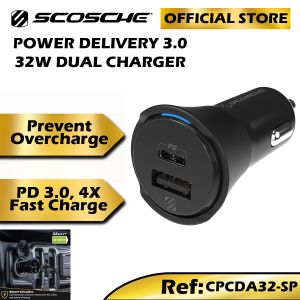 Scosche PowerVolt 32Watt Certified USB Type-C & USB Type-A Fast Car Charger with Power Delivery 3.0 for All Phone