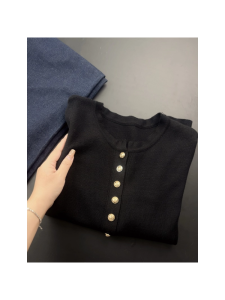 เสื้อคาร์ดิแกนถักแขนยาวทรงเข้ารูปสีดำ คอกลม สำหรับผู้หญิง ฤดูใบไม้ร่วง/ฤดูหนาว เสื้อชั้นใน เสื้อสเวตเตอร์ เทรนด์แฟชั่น