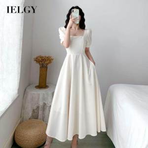 IELGY ชุดเดรสคอเหลี่ยมแขนพองของผู้หญิงเดรสยาวเหนือเข่าเอวผ้าบางหรูหรา