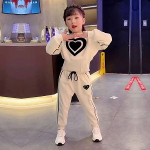 ชุดกีฬาฤดูใบไม้ร่วงสำหรับเด็กผู้หญิง ชุดสองชิ้น เสื้อสเวตเตอร์และกางเกง แฟชั่นฤดูใบไม้ผลิและฤดูใบไม้ร่วง สำหรับเด็กอายุ 3-13 ปี