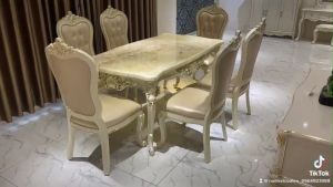 Bộ bàn ăn tân cổ điển mặt đá tự nhiên 6 ghế bọc da nhập khẩu 939B