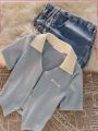 Girls Summer Outfit Set Zipper Short Sleeve Denim Shorts Casual Sweet Korean Style Children's Clothing Two-Piece Set Irregular Design. 