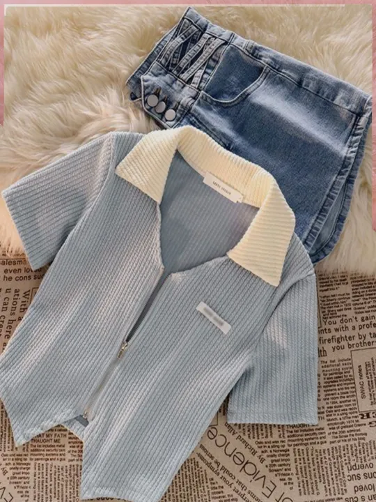 Girls%20Summer%20Outfit%20Set%20Zipper%20Short%20Sleeve%20Denim%20Shorts%20Casual%20Sweet%20Korean%20Style%20Children's%20Clothing%20Two-Piece%20Set%20Irregular%20Design%20-%20Image%204